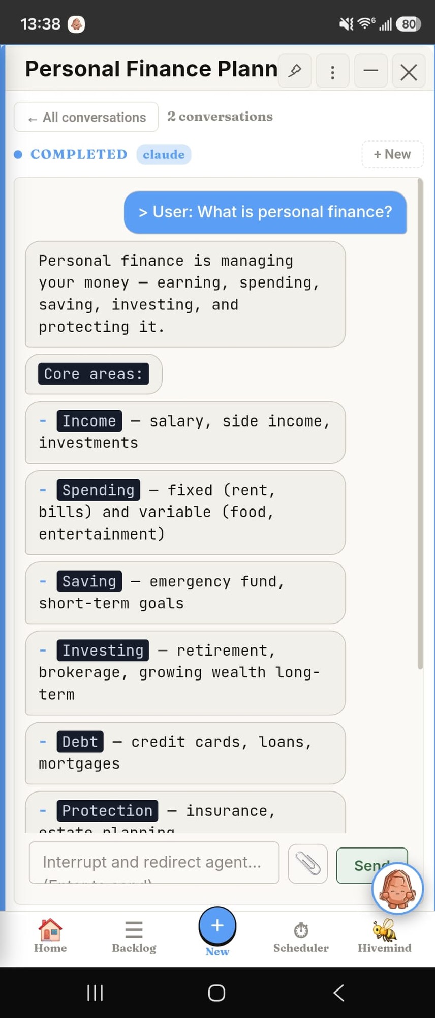 Clayrune mobile conversation drill-down — agent answering inside the Personal Finance project, with reply and attach controls