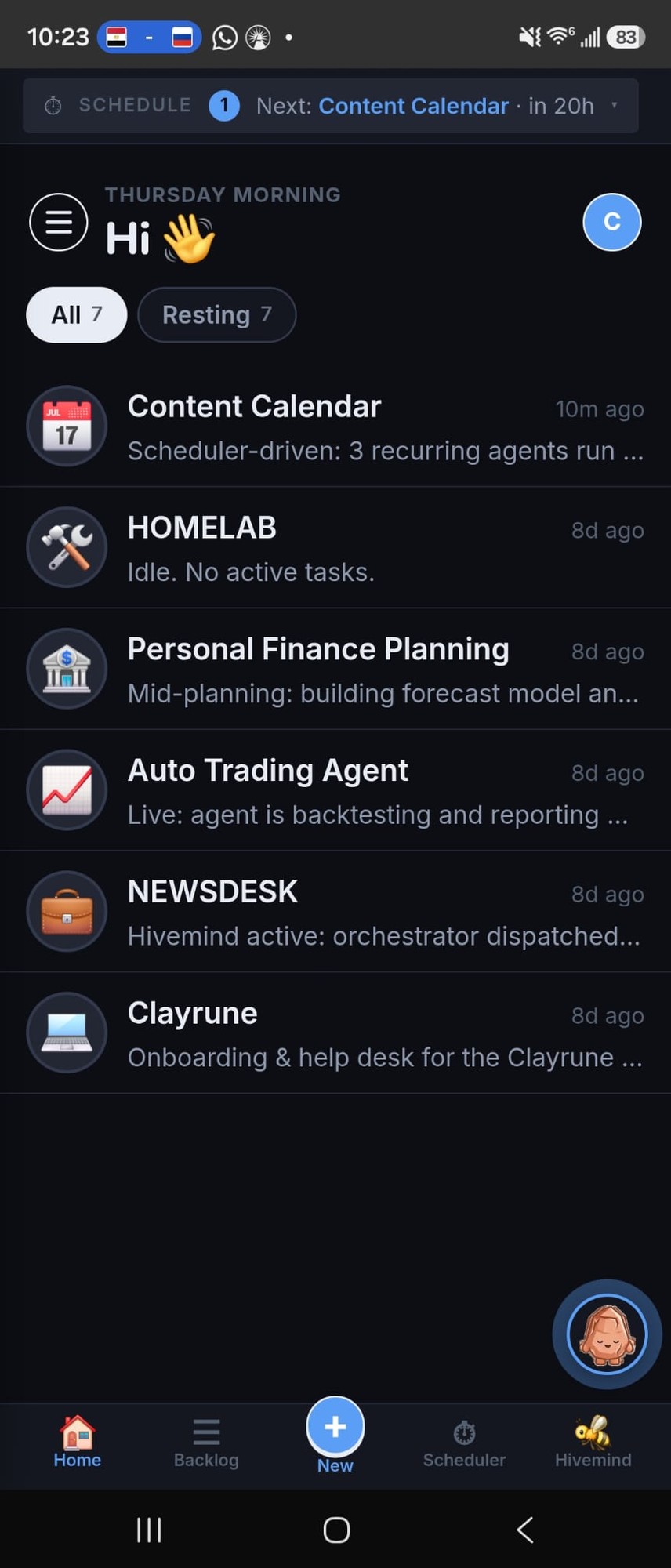 Clayrune mobile home in dark mode — chat list of live projects