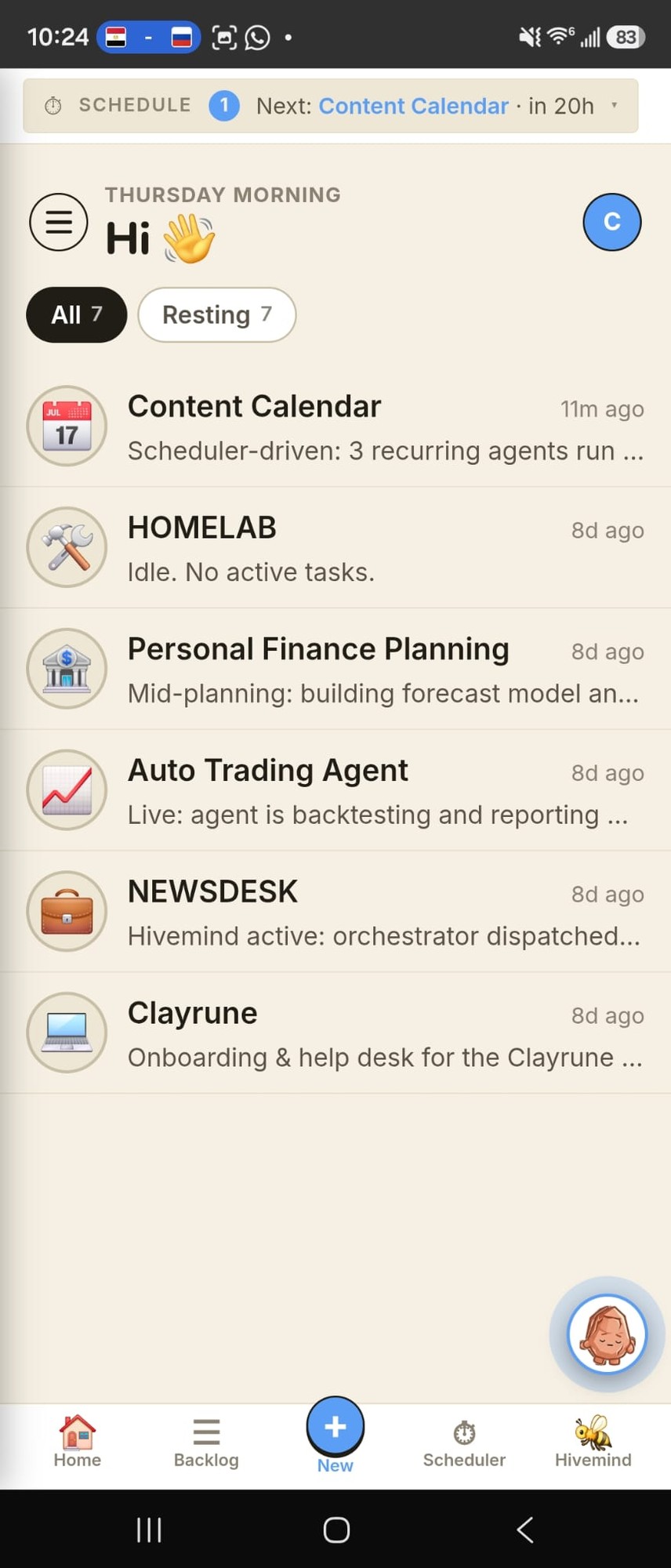 Clayrune mobile home — chat list of projects with live status, schedule banner, and bottom nav